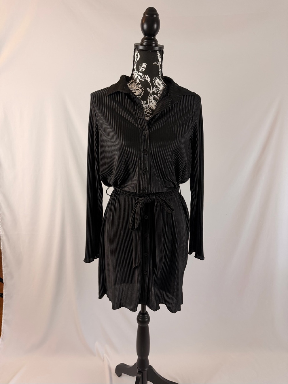 Black Pleated Button-Front Dress with Waist Tie